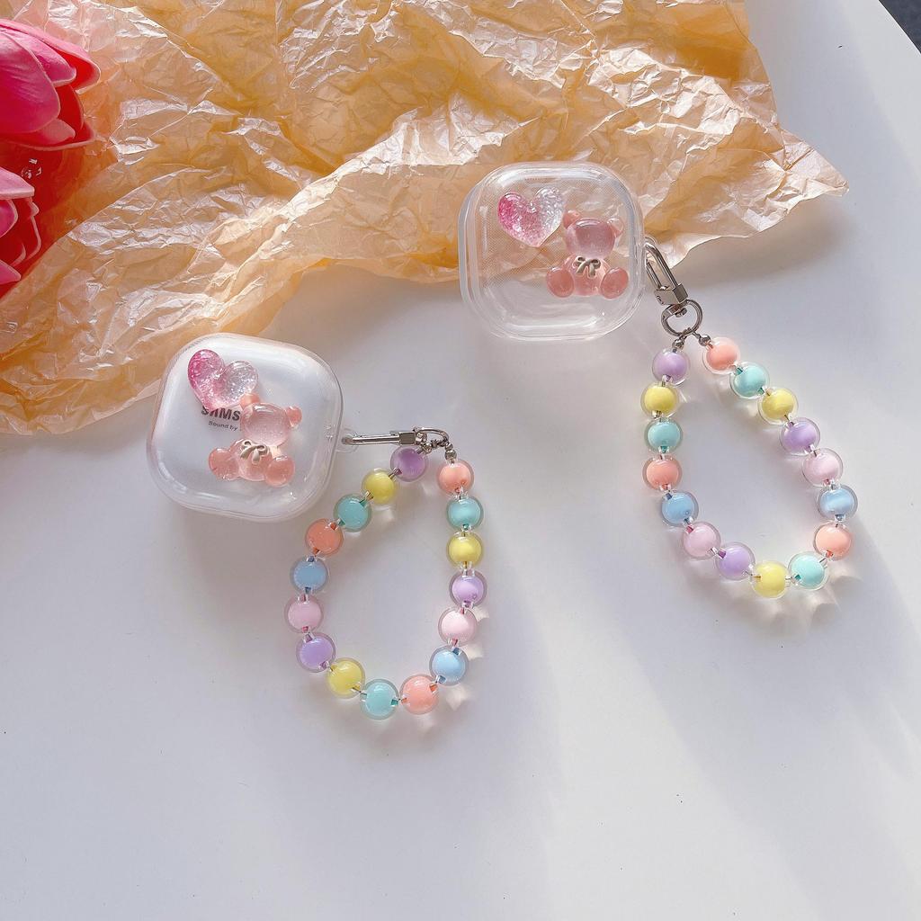 Cute Heart Bear Transparent øretelefondeksel til Samsung Galaxy Buds 2 Pro Live-deksel til Galaxy Buds2 Pro Funda Fullt beskytterdeksel med perlestropp