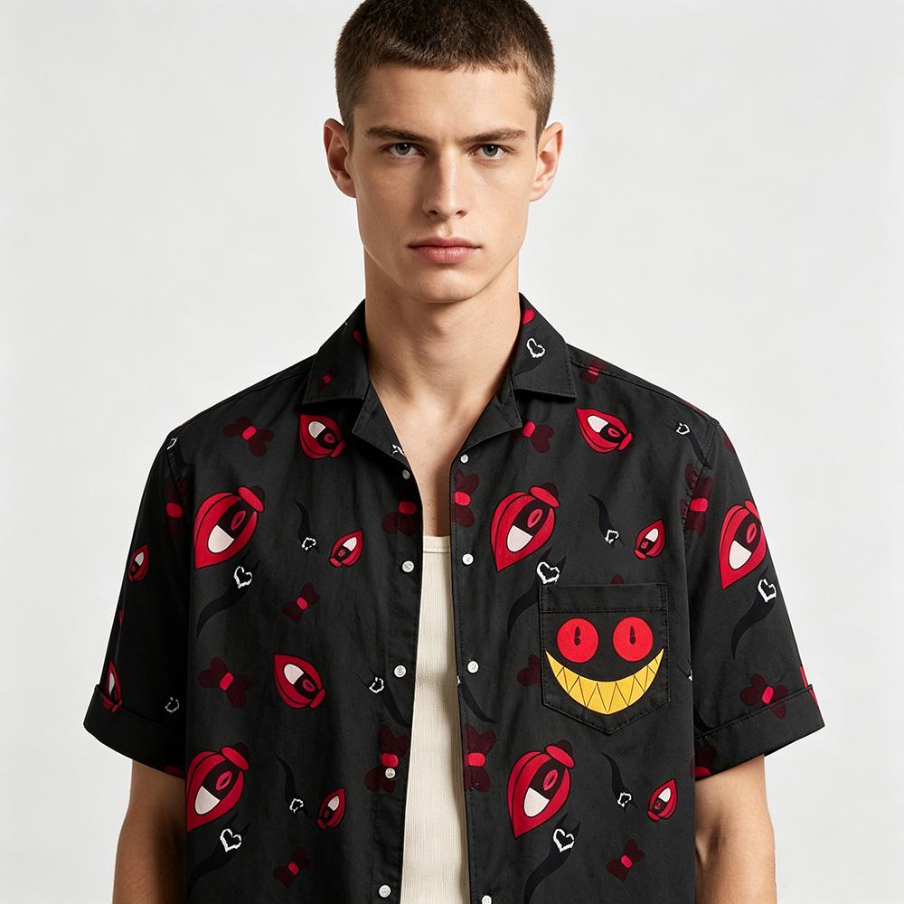 Alastor Button Up Shirt Anime Hazbin Hotel Hawaiian Shirt Men Women 3D All‑Over Print Short Sleeve 3D All Over Print Merch Tops