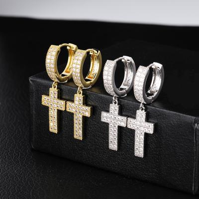 Boucles d'oreilles croix en zircone cubique, couleur or argent, cuivre, pour hommes et femmes, bijoux hip-hop rock