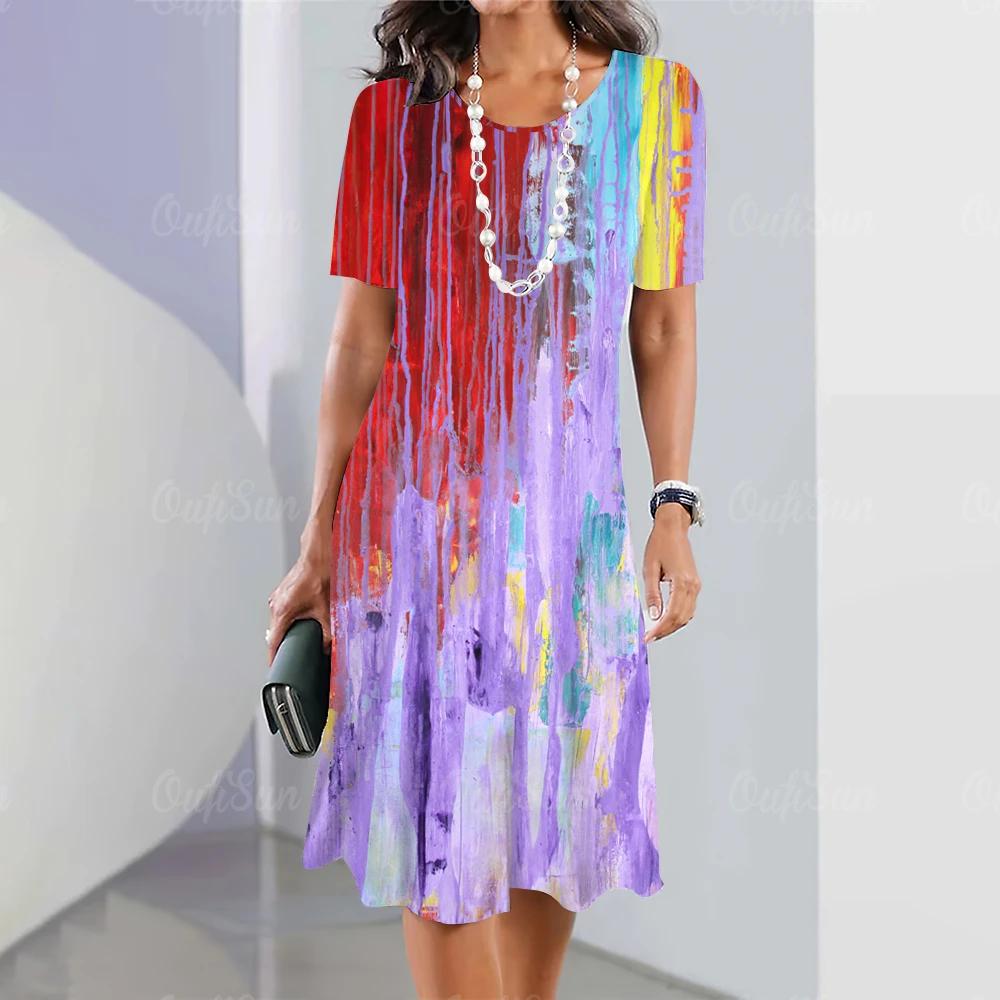 Women Dresses Summer Women s Dresses Tie-Dye Print Travel Party Vintage Dresses Elegant Casual Loose Short Sleeve Sundress XL