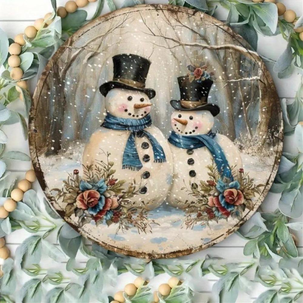 Bonhomme de neige Noël Art Mural Métallique 8x8 Pouces Aluminium Décoration de Fête Scène d'Hiver Roses Rouges Plaque Métallique Ronde Intérieur Extérieur Maison Jardin Décoration Facile à Accrocher