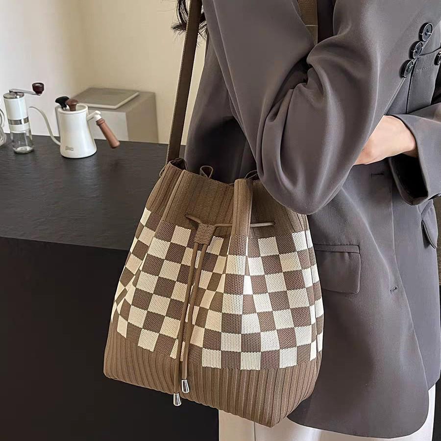 Korean Style Knit Shoulder Bag with Drawstring & Magnetic Snap - Versatile, Large Capacity Tote for Women