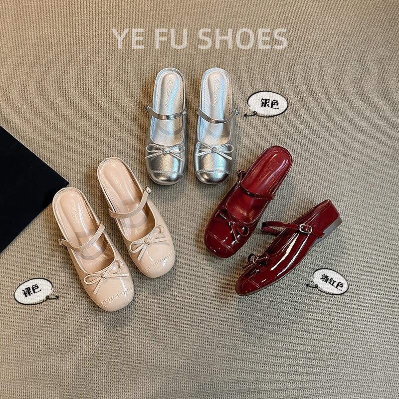 Small inner height increase silver bow bag head half slippers women's summer wear 2025 new one-word with thick bottom