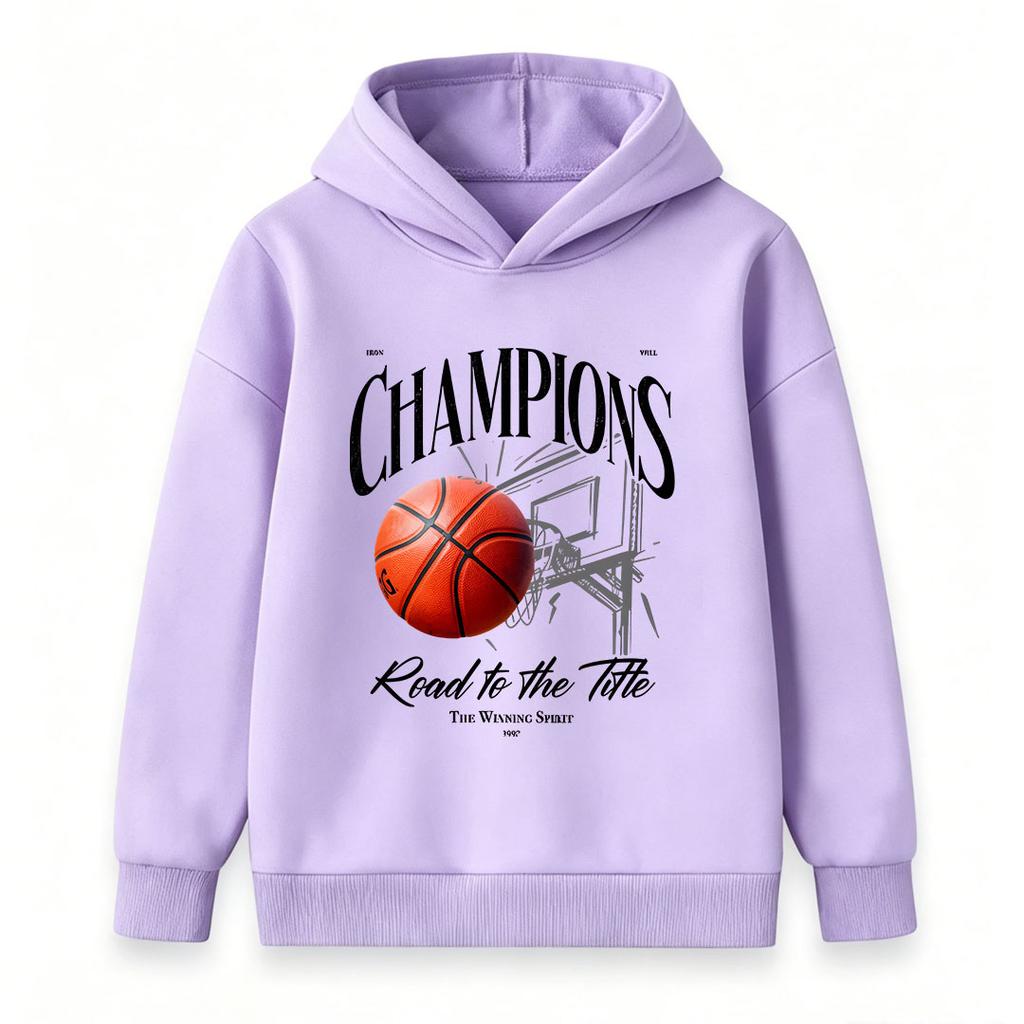 Kids Boys Girls Basketball Champions Print Pullover Hoodie Casual Long Sleeve Road To The Title Graphic Hooded Sweatshirt For Sports Daily Wear