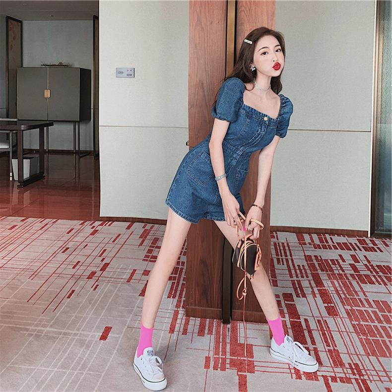 Square Neck Puff Sleeve Denim Jumpsuit for Women - Loose, Retro Korean Style, Petite, Summer 2024.