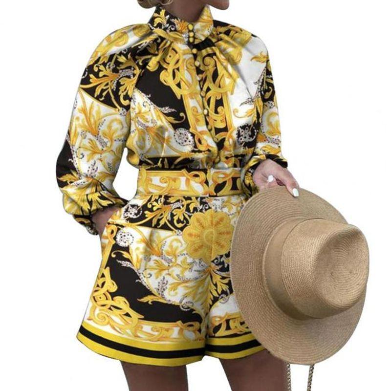 

Two Piece Long Sleeve Shirt and Shorts Suit Tops Shorts Two-piece Set Yellow L