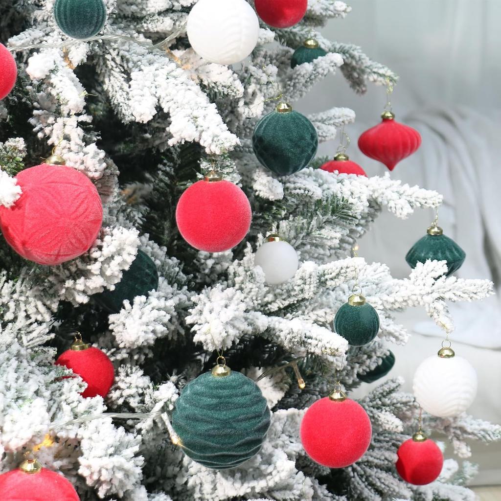 Velvet Christmas Ornaments Set, 35PCS Flocked Shatterproof Assorted Hanging Xmas Tree Ball Decorations Home Party Holiday Decor