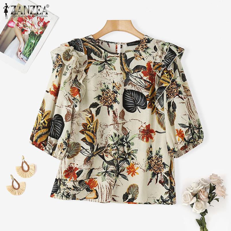 ZANZEA Women Summer Round Neck Casual Short Sleeve Floral Blouse