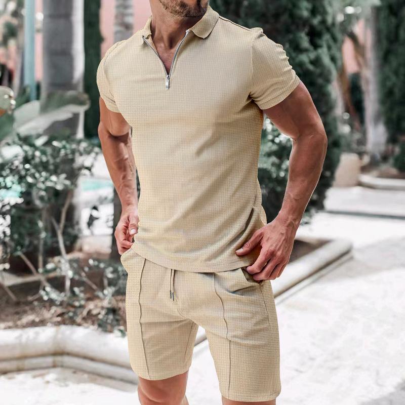 Summer Men's Polo Zipper Collar Versatile Casual Loose Texture Short Sleeve Shorts Sport Set