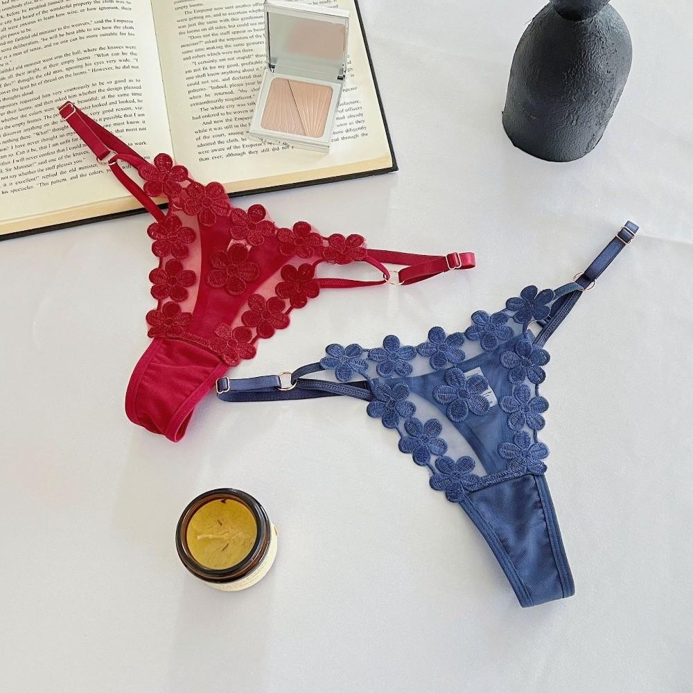 Low Waist Underwear for Women Mesh Hollow Thin Belt Thong Embroidery Floral Panties  Hotel