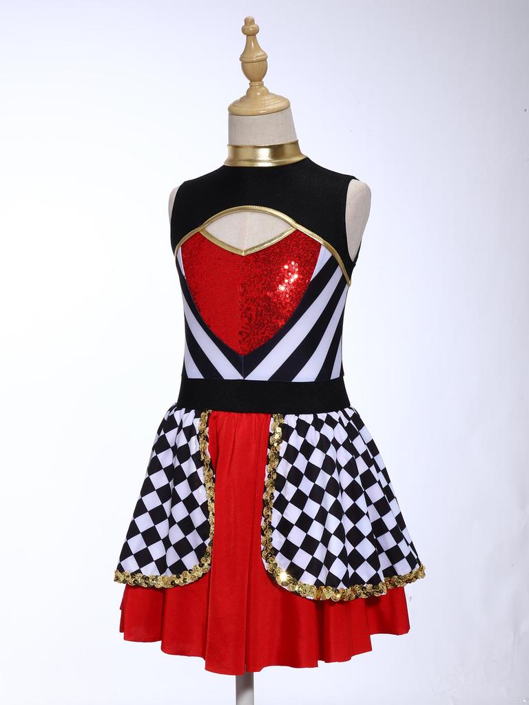 Girls Wonderland Queen Costume Sequins Mock Neck Sleeveless Chest Cutout Back Waist Bow Built In Briefs Puffy Dress
