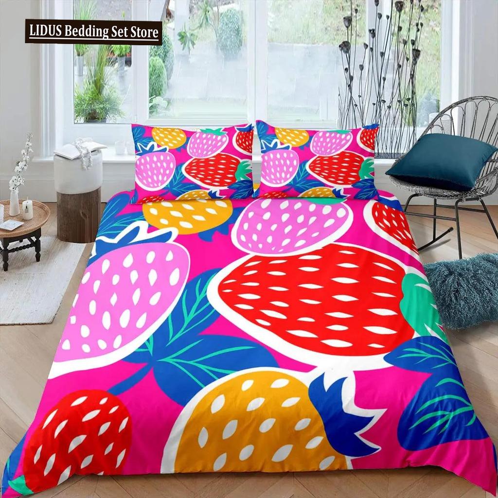 Strawberry Duvet Cover Set Girl King Size Comforter Cover Set Red Strawberry Bedding Set Food Fruit Quilt Cover For Kids Gift