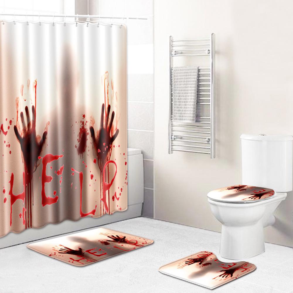 Halloween Blood Handprint Horror Bathroom Shower Curtain Four-Piece 3D Thriller Toilet Three-Piece Floor Mat Carpet