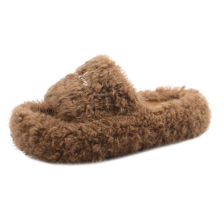 Cross fluffy slippers women wear autumn 2025 new versatile popular ins thick-bottomed cotton drag lazy slippers women