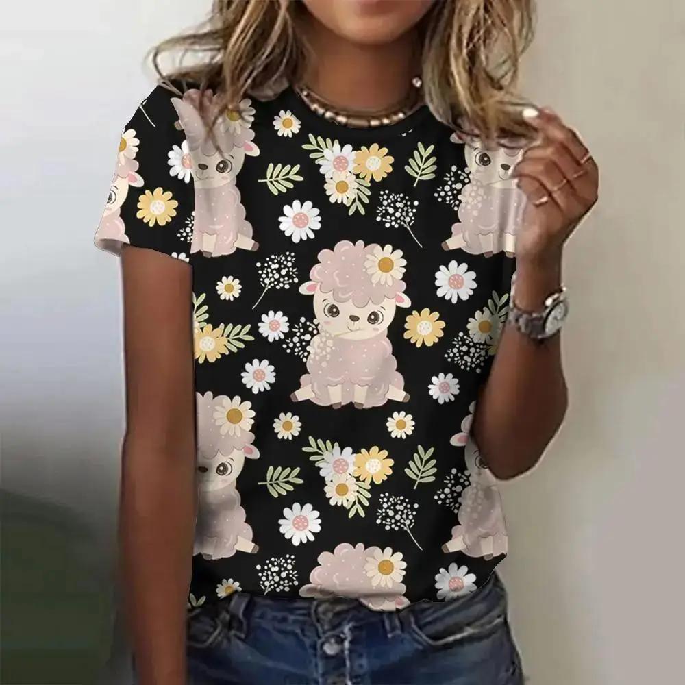 Women's T-shirt Summer casual round neck top Short sleeved loose T-shirt Daily short sleeved 3D printed cartoon cat pattern