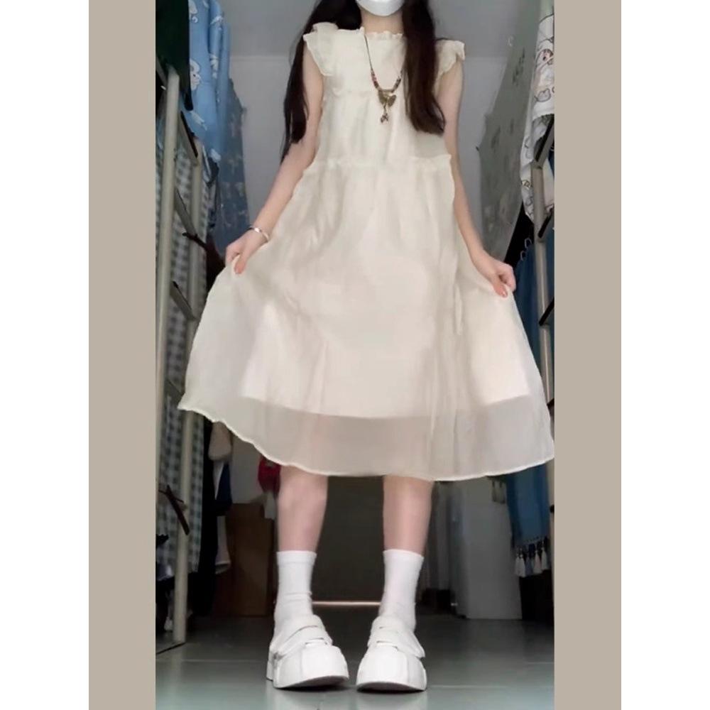 Summer new round neck small flying sleeve dress women's niche fresh loose and thin vest skirt