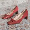 2026 High Heels Luxury Women Shoes Square Head Single Shoes Thick Heel Bow Decoration Simple Stitching Leather Shoes