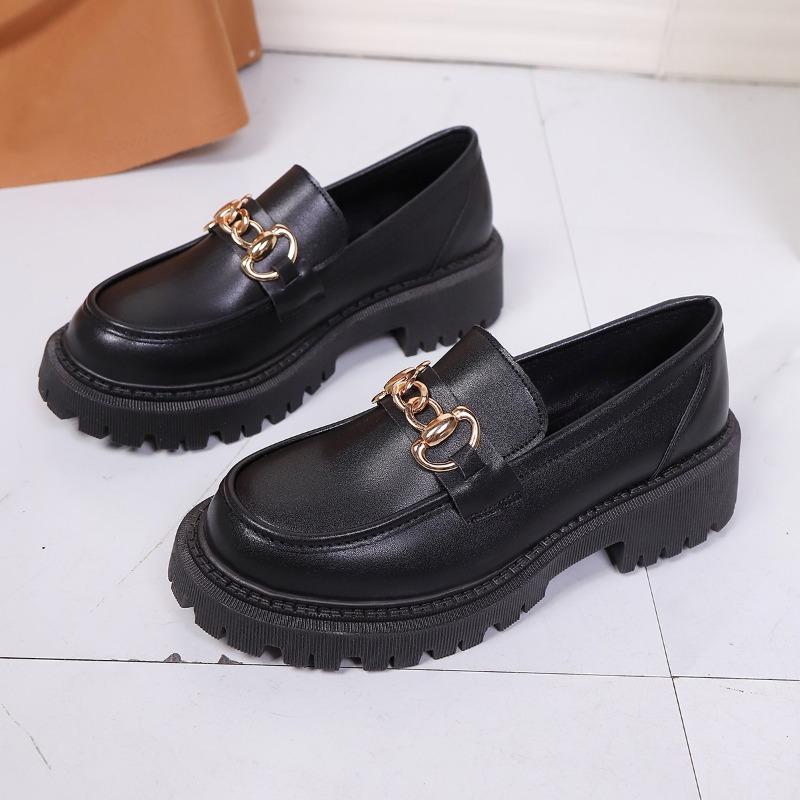 Patent Leather Block Heel Single Shoes Autumn New Round Toe Deep Mouth Metal Chain Platform Anti-Slip Wear-Resistant Loafers