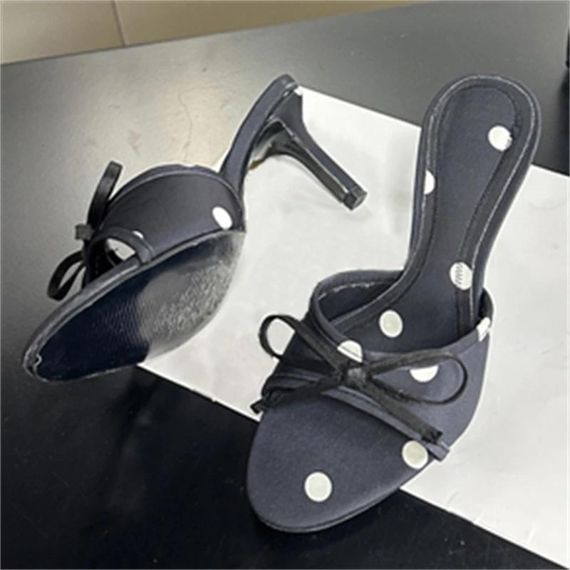 Eilyken Summer Satin Polka Dot Butterfly-kont Thin Heels Women Slippers Open Toe Party Slides Shoes