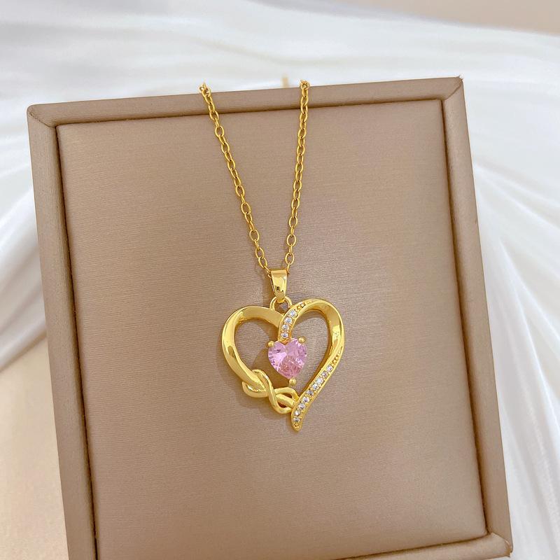 

Simple Pink Heart Zircon Hollow Love Pendant Necklace for Women Girls Gold Color Stainless Steel Chain Jewelry Accessories Gifts