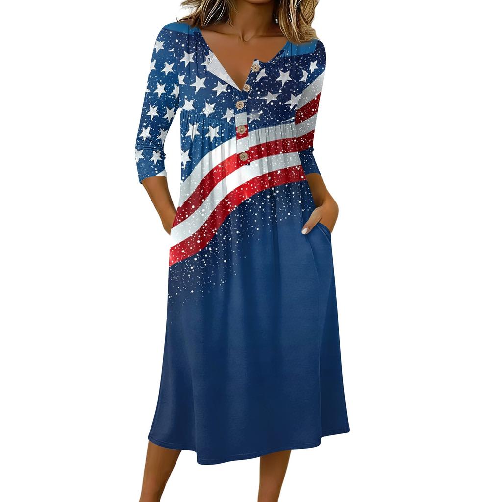 Women's Casual 3/4 Sleeve Button Front Midi Dress with Independence Day Print Loose Fit Comfortable Style