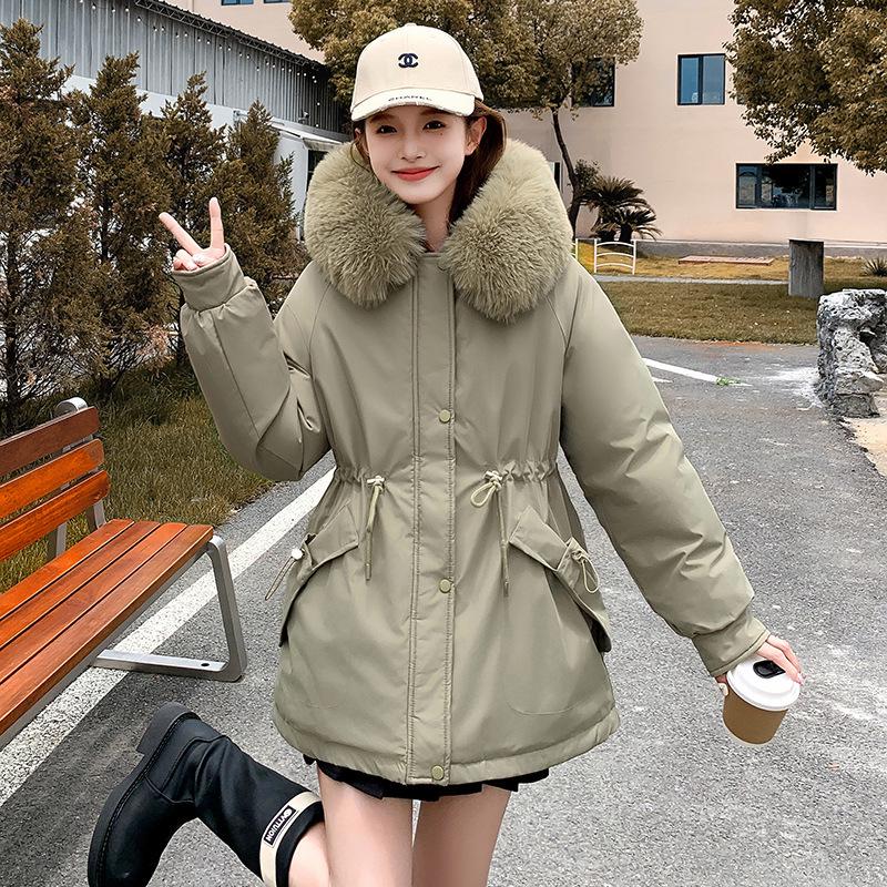 Women's Mid-Length Cotton Jacket with Large Fur Collar, Hooded, Winter 2024 Style, Warm Outerwear.