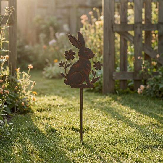 Ground Stake with Butterfly or Rabbit Design Garden Decorations Stake Rust-Resistant Iron Yard Artware for Lawn Patio