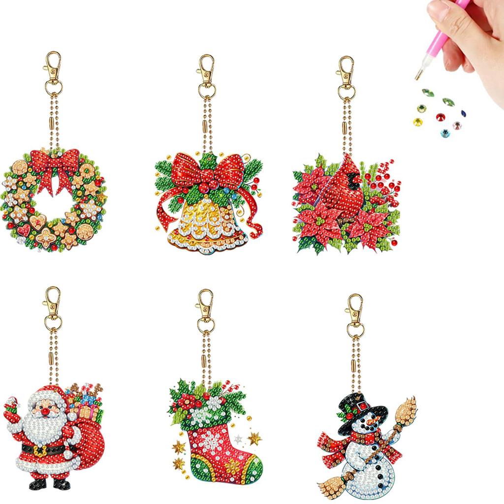 6pcs 2D Flat DIY Diamond Painting Keychain Diamond Art Kits Diamond Art Keychains Small Crystal Painting Keyrings for Home Decor