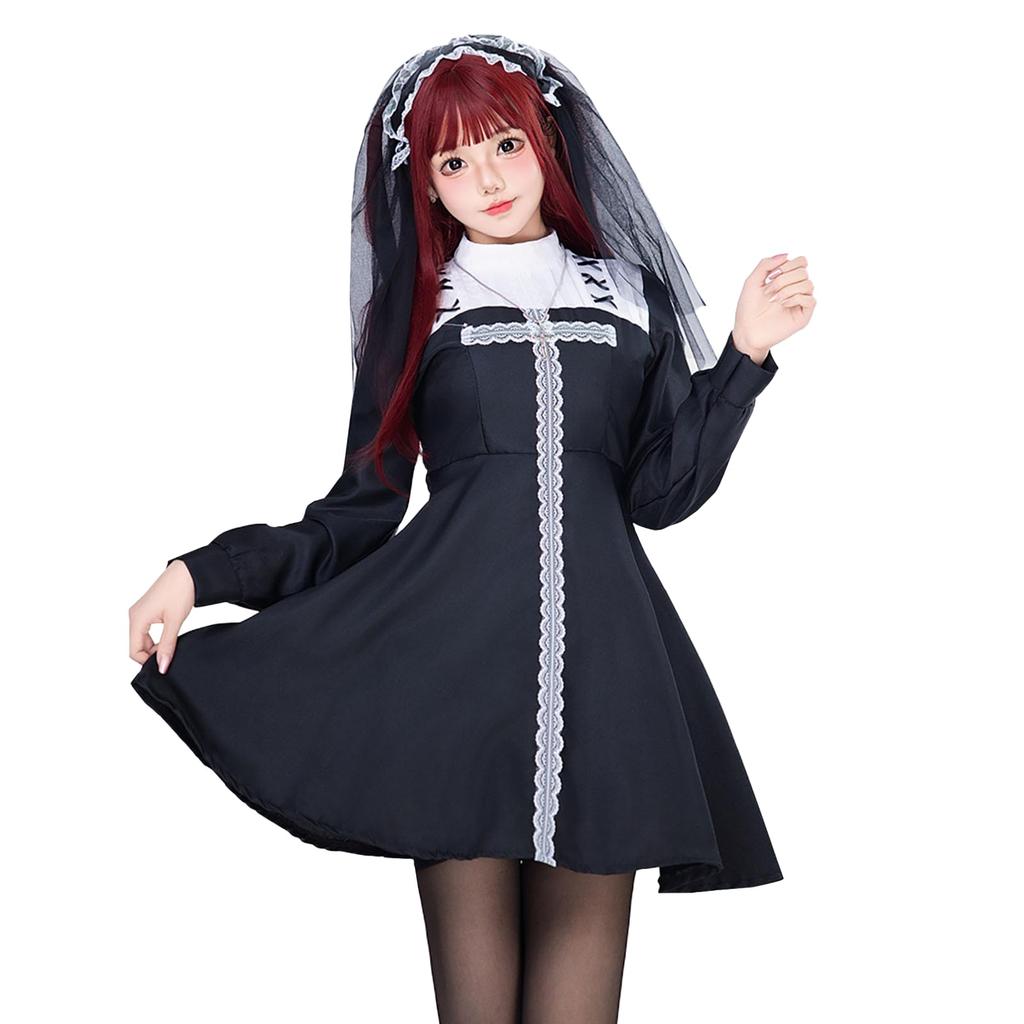 Milky Time Gothic Lolita Dress, Black, Long Sleeves, Maid/Sister Cosplay Costume, Women's, Halloween (XL)