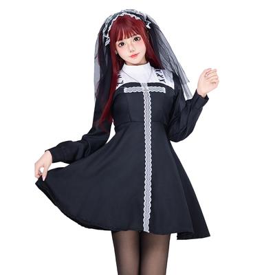 Milky Time Gothic Lolita Long Cosplay Halloween Dress, Black, Sleeves, Maid/Sister Costume, Women's, (Size M)