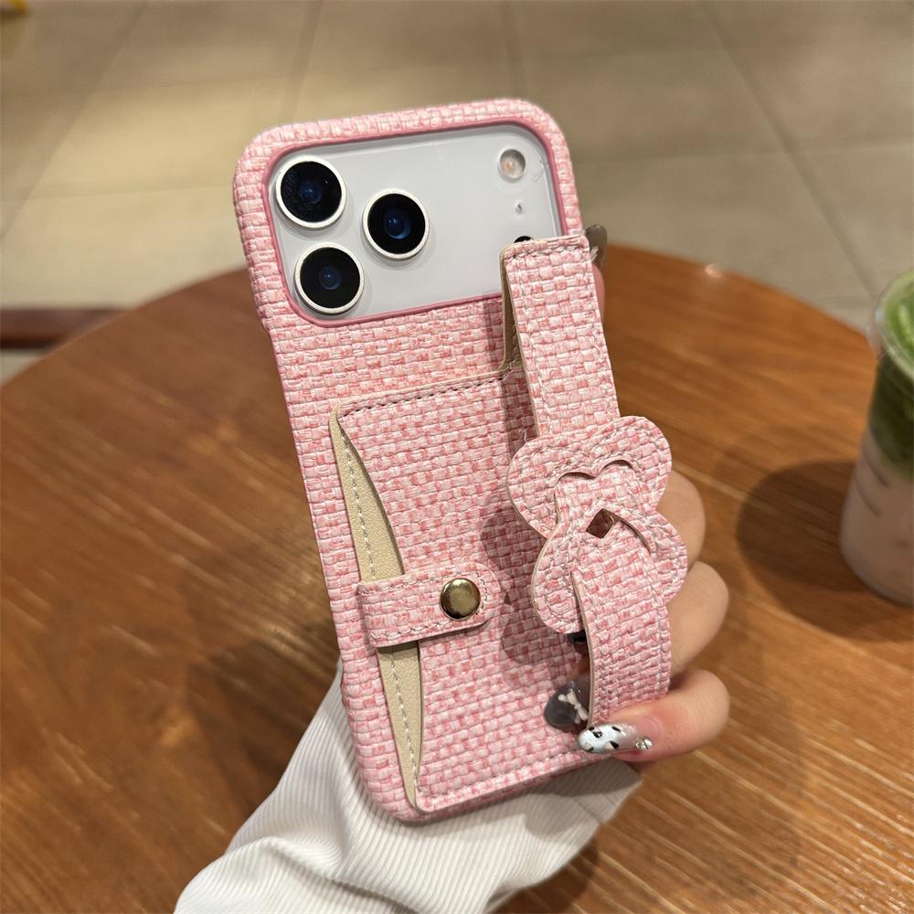Elegant Stylish Heart Bow Wrist Strap Card Holder Phone Case for iPhone 17 Pro Max 16 15 14 13 Tweed Texture Protective Cover