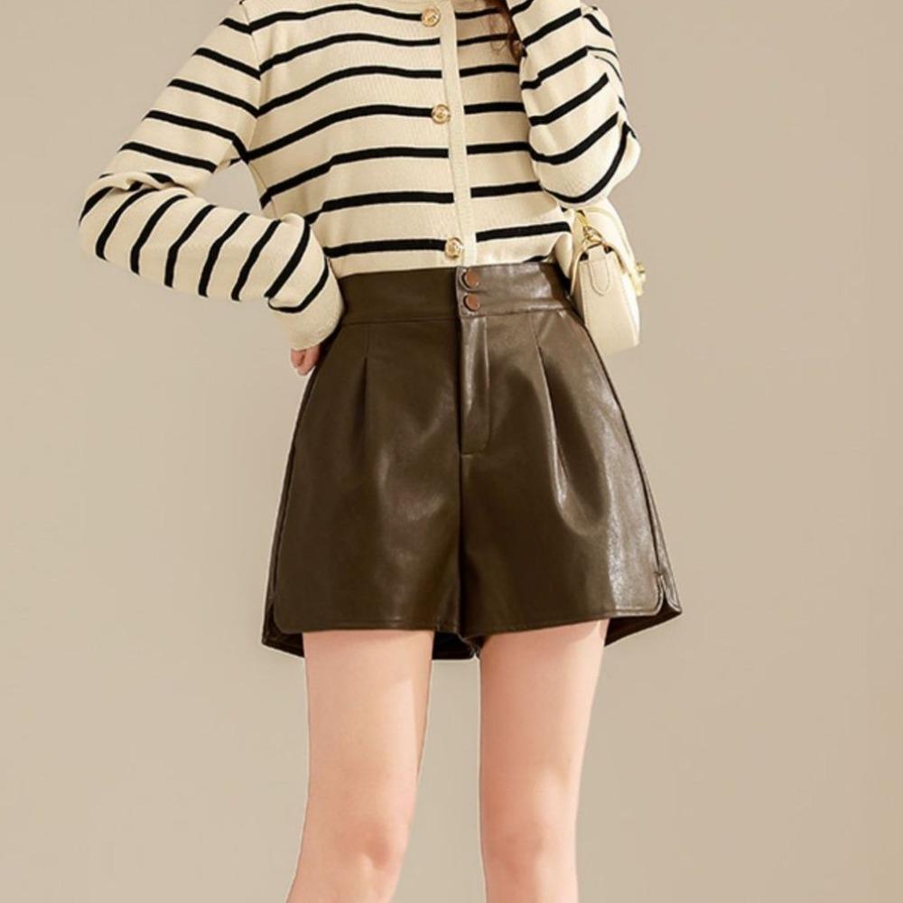 PU High Waist Leather Shorts Baggy Elastic Waist Shorts All Match Hot Woman Short Pants  Summer