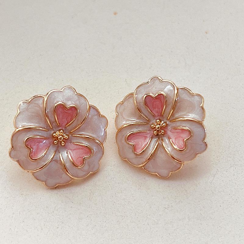 Retro French Light Luxury Enamel Flower Silver Stud Earrings