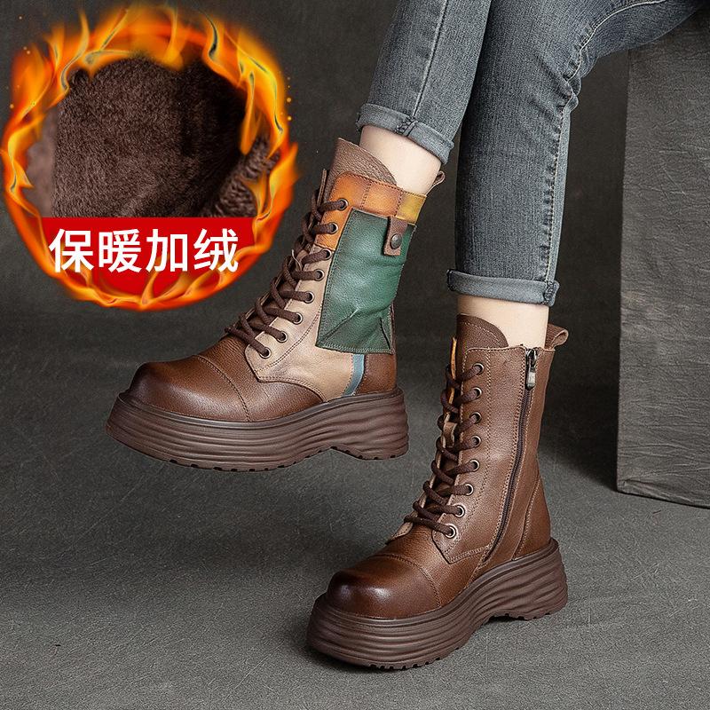 Fashion GKTINOO Handmade Boots Women Genuine Leather Round Toe Lace-up Zipper Platform Thick-soled Mid-calf Boots Retro Zapatos Mujer