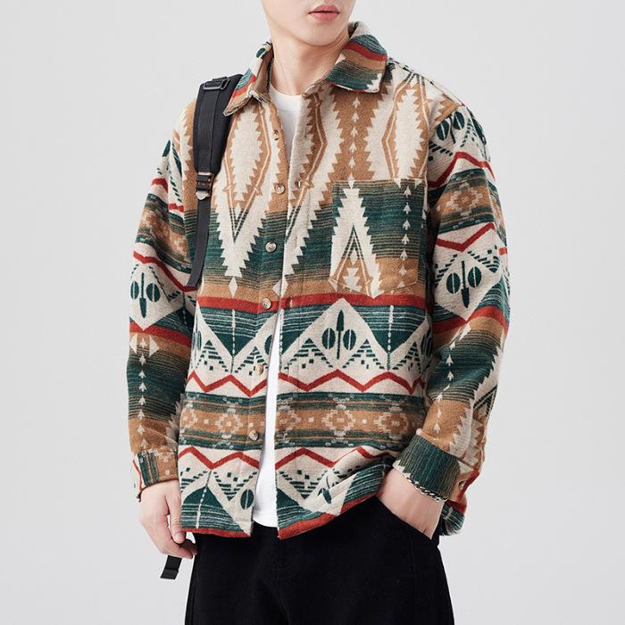 

Новая весенняя японская ретро мужская свободная рубашка цветная вязаная жаккардовая повседневная американская рубашка 4XL зелёный