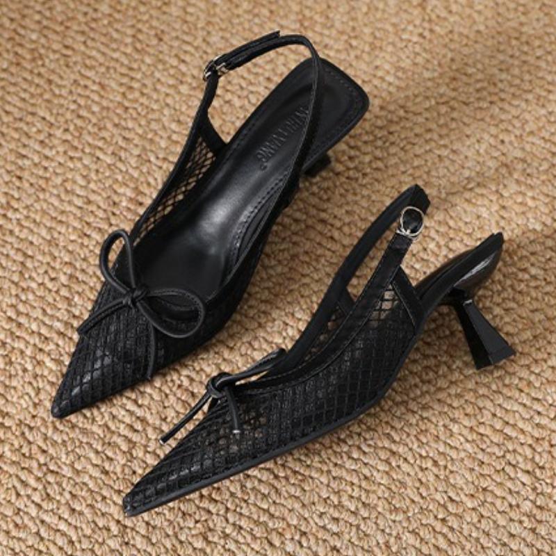 

Fashion Fashion Pointed Toe Mesh Mid Heel Pumps Women Sweet Bow Slingback Buckle Designer Shoes Elegant Banquet Dress Shoe Zapatos Mujer 40 чёрный