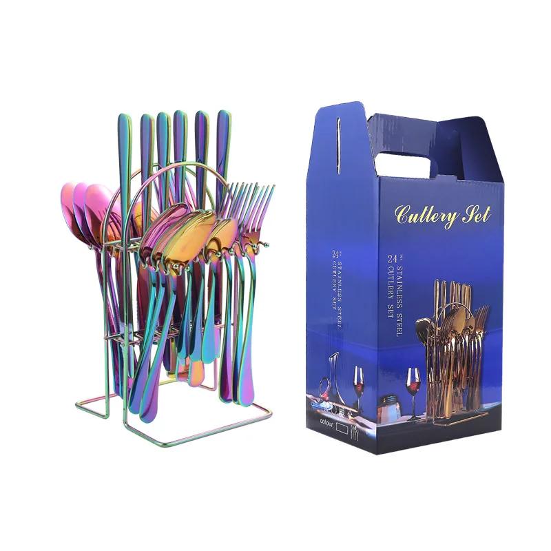 24pcs Luxury Dinnerware Sets with Holder Stainless Steel Fork Spoon Knife Business Gift Box Cutlery Rack Home Flatware Tableware