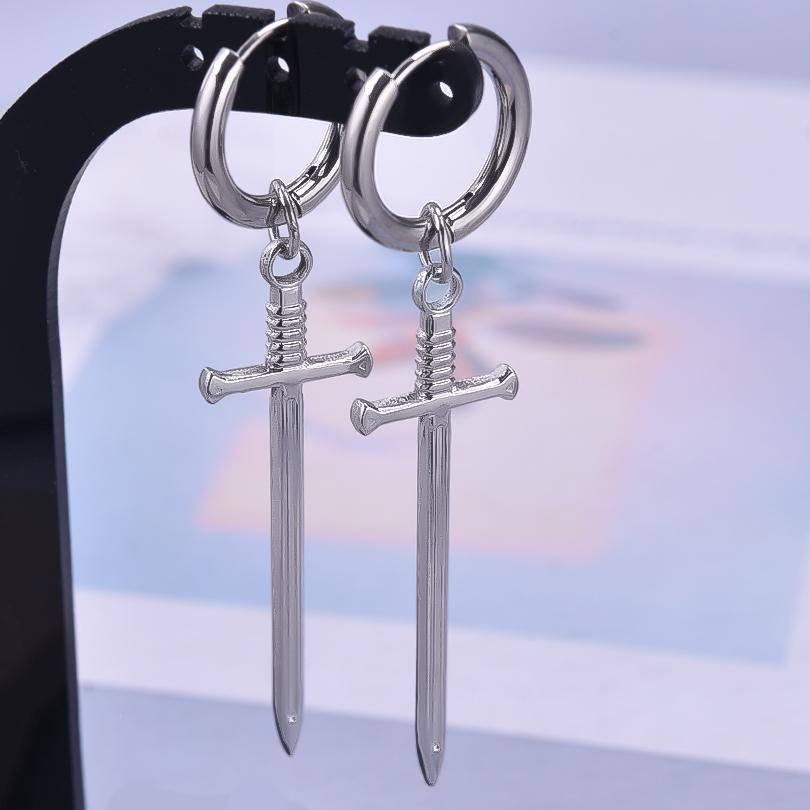 Goth Punk Black Long Sword Earrings For Women Men Accessories Stainless Steel Hoops Earring Dangle Tools Jewelry Piercing Arete