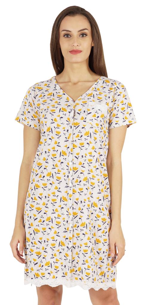 Inkmeso Printed V-Neck Nightgown Sleepwear For Womens Nightshirt Soft Button