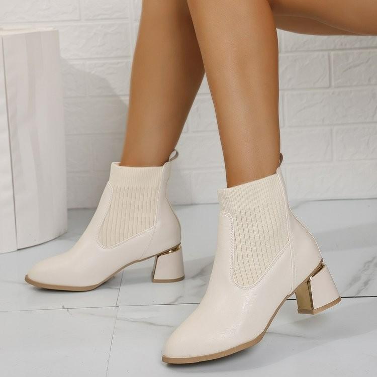 Female Ankle Boots Black Leather Footwear Short Shoes for Women Elegant with Medium Heels Sock Booties Spring Autumn Waterproof