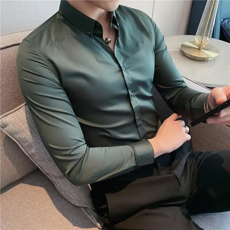 Men Spring Autumn New Style Premium Embroidered Shirt Long Sleeve Wrinkle Resistant Non Iron Slim Fit Handsome Business Shirt