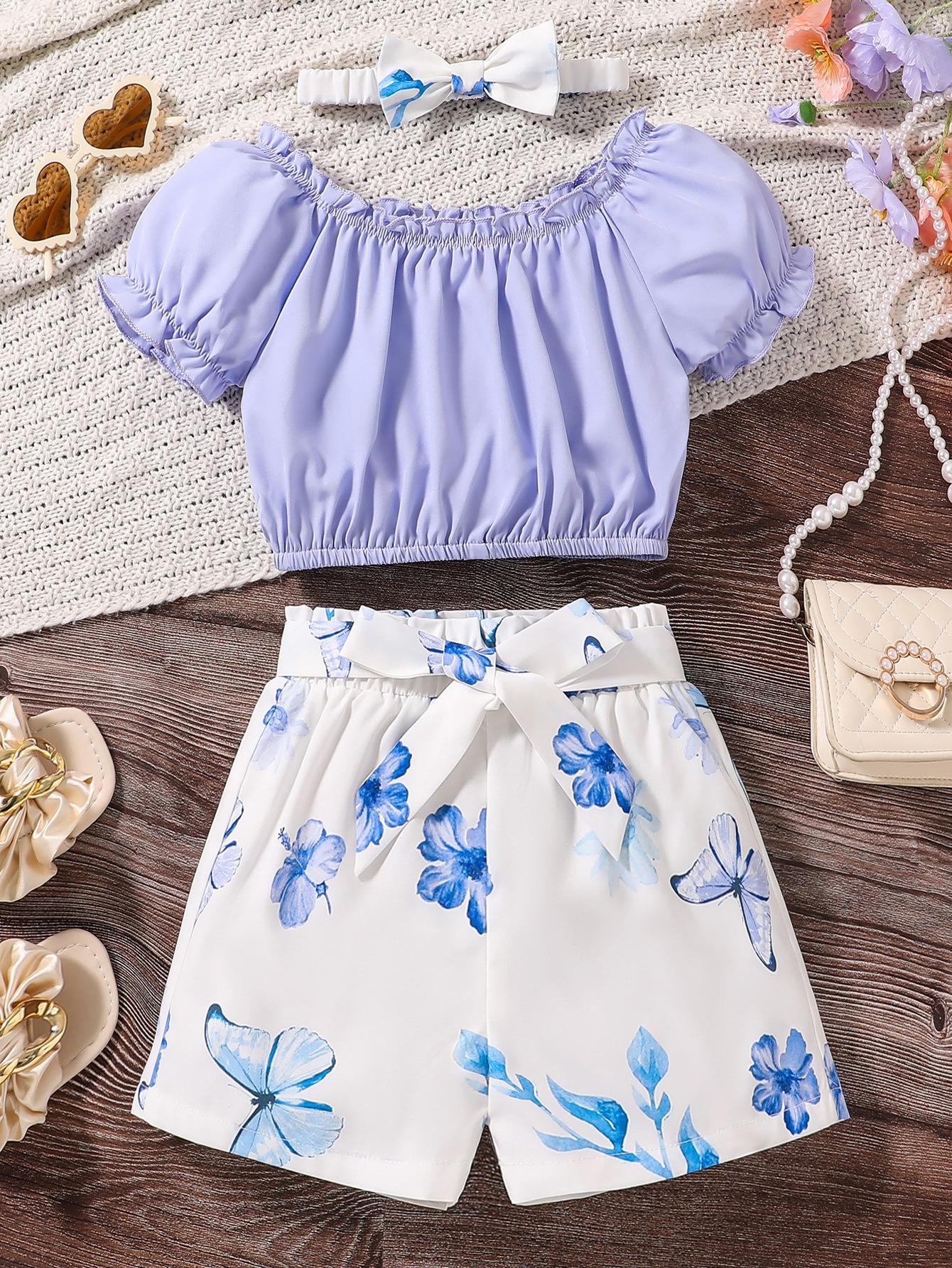 

Модный комплект с цветочным принтом для девочек, летний детский повседневный комплект с короткими рукавами и шортами для принцессы 160cm фиолетовый