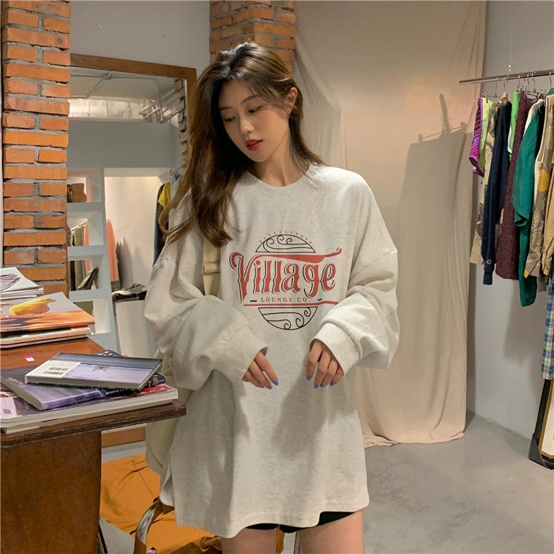 Cotton Mid-length Versatile Loose Round Neck Sweatshirt for Women In Autumn and Winter Thin Top Base Shirt Long Sleeve T-shirt for Women