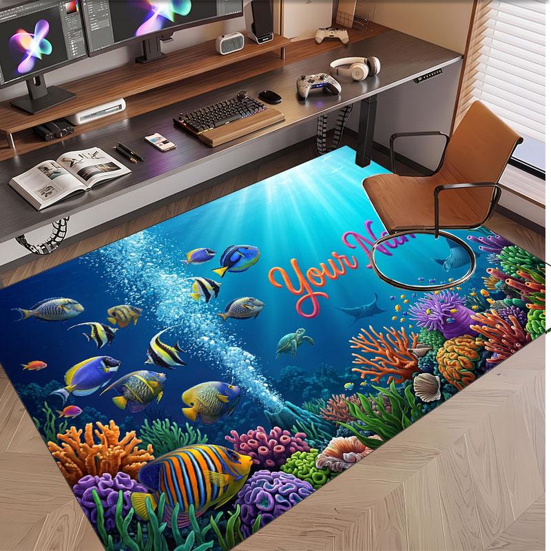 Fish Ocean Theme Soft Crystal Velvet Rug Custom Name & Text Print Non Slip Floor Rug for Bedroom Living Room