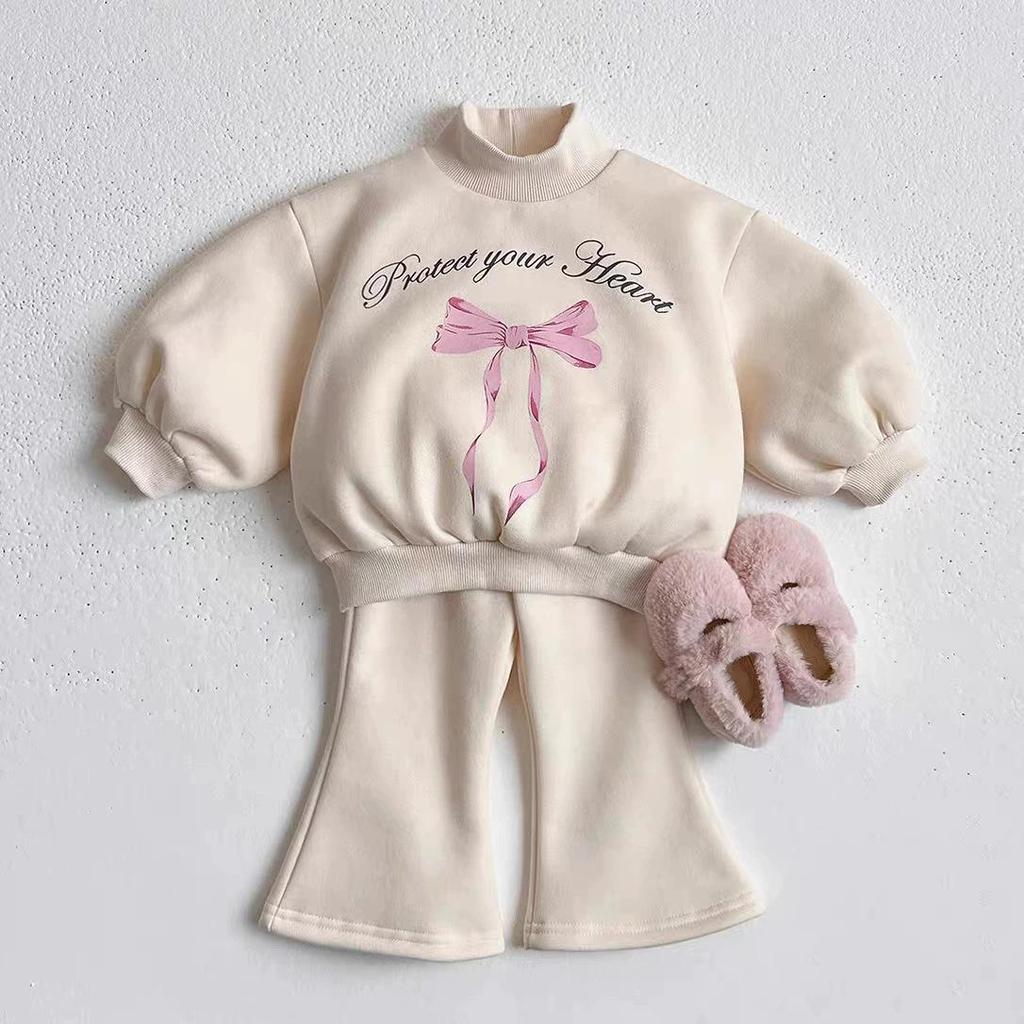 Girls' Winter Two-Piece Set: Princess-Style Velvet Hoodie & Flare Pants