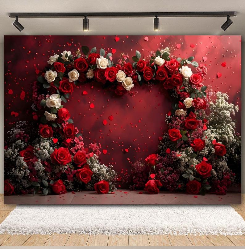 February 14 Valentine's Day Photography Backdrop Red Rose Arched Heart Flowers Romantic Wedding Bridal Shower Photo Background