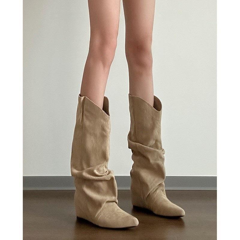 Brown western cowboy boots versatile wasteland wind pile boots women's inner height and slimming retro boots