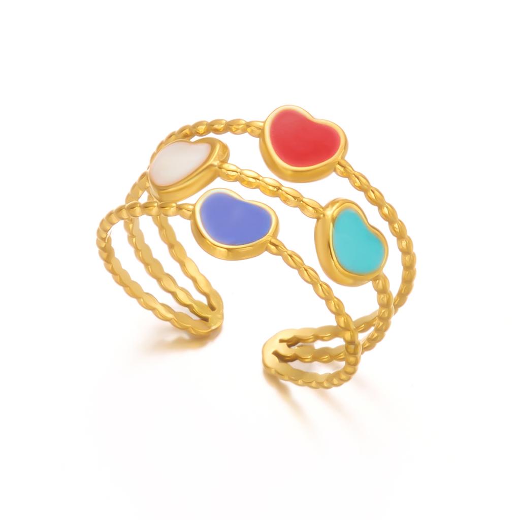 Stainless Steel Gold Color Ring For Women Vintage Dripping Oil Heart Shape Opal Opening Adjustable Finger Ring Party Jewelry