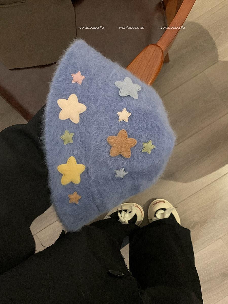 

Осенне-зимняя шляпа-ведро с изображением допамина из кроличьей шерсти, женская, симпатичная, плюшевая шляпа-ведро со звездой, теплая шляпа-тазик M（56-58cm） синий