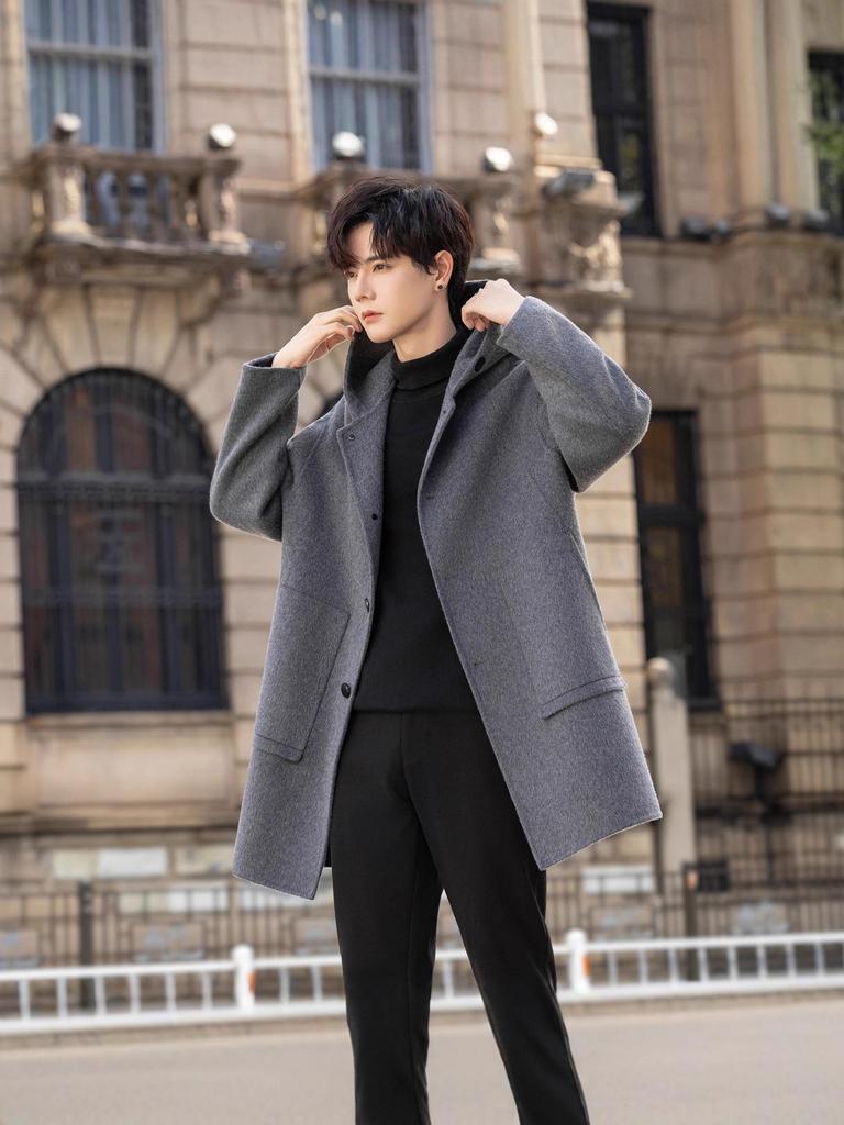 Men's Mid-Length Wool Hooded Coat, 2025 Winter Collection, Double-Sided Design, Thickened Windbreaker Jacket.